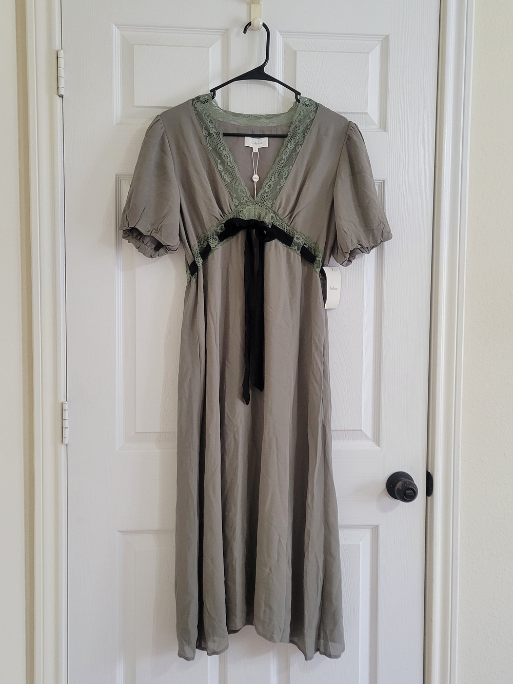 bohme Olive Green Midi Dress with Black Bow
